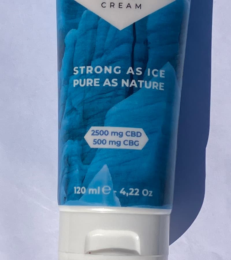 Close-up of the Glacial Relief Cream front label showing 2500 mg CBD and 500 mg CBG